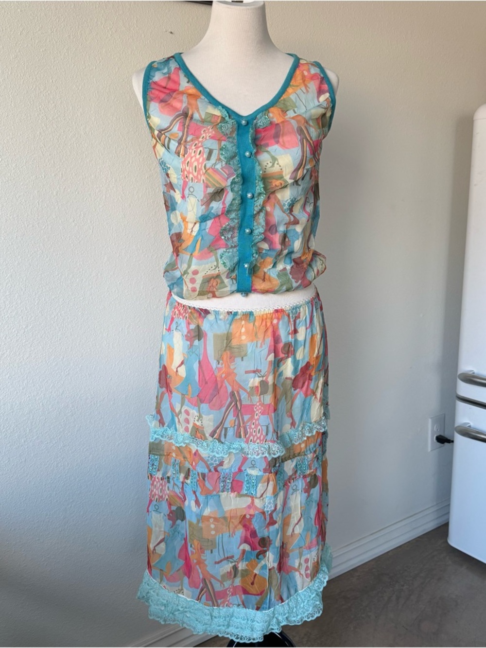 Light Blue Multicolor Printed Midi Skirt and Top Set- Women